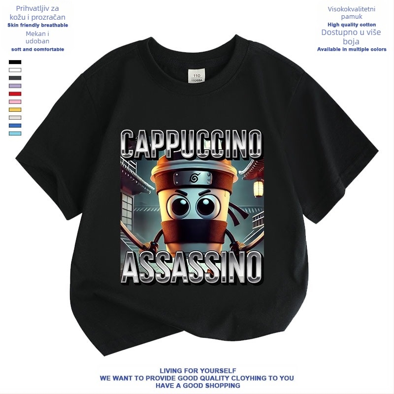 Cappuccino Ninja Sažetak Strani klasik planina i mora Talijanski Brainrot Majica kratkih rukava za dječake i djevojčice Ljeto