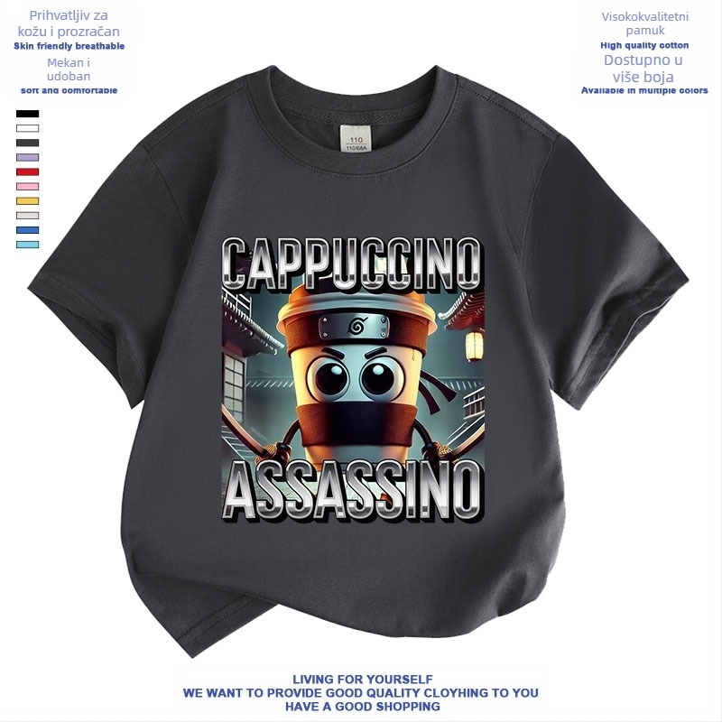 Cappuccino Ninja Sažetak Strani klasik planina i mora Talijanski Brainrot Majica kratkih rukava za dječake i djevojčice Ljeto