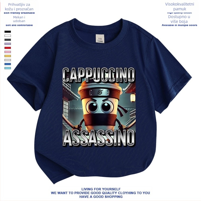 Cappuccino Ninja Sažetak Strani klasik planina i mora Talijanski Brainrot Majica kratkih rukava za dječake i djevojčice Ljeto
