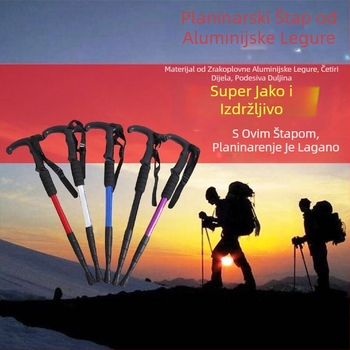 Putni pribor Četverosekcijski nosač za nadstrešnicu od aluminijske legure koji apsorbira udarce, ultra lagana ravna ručka sa zakrivljenom ručkom, štake za planinarenje, vanjski planinarski štapovi