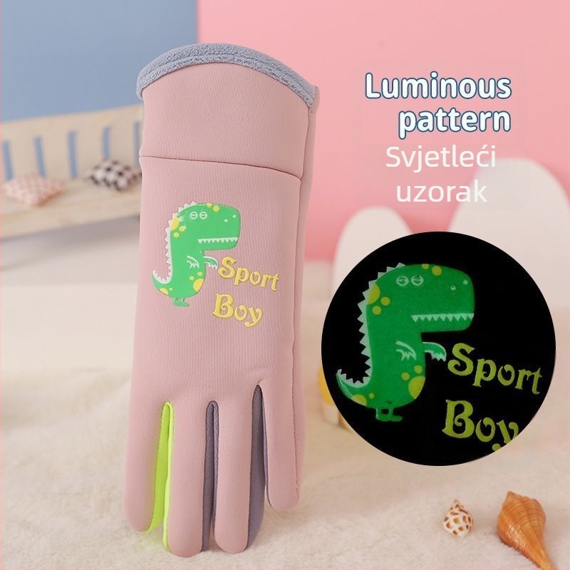 Dječje tople rukavice Little Dinosaur za jesen i zimu, zadebljane i baršunaste za dječake i djevojčice, za vanjsku vožnju, otporne na vjetar, hladnoću i vodu