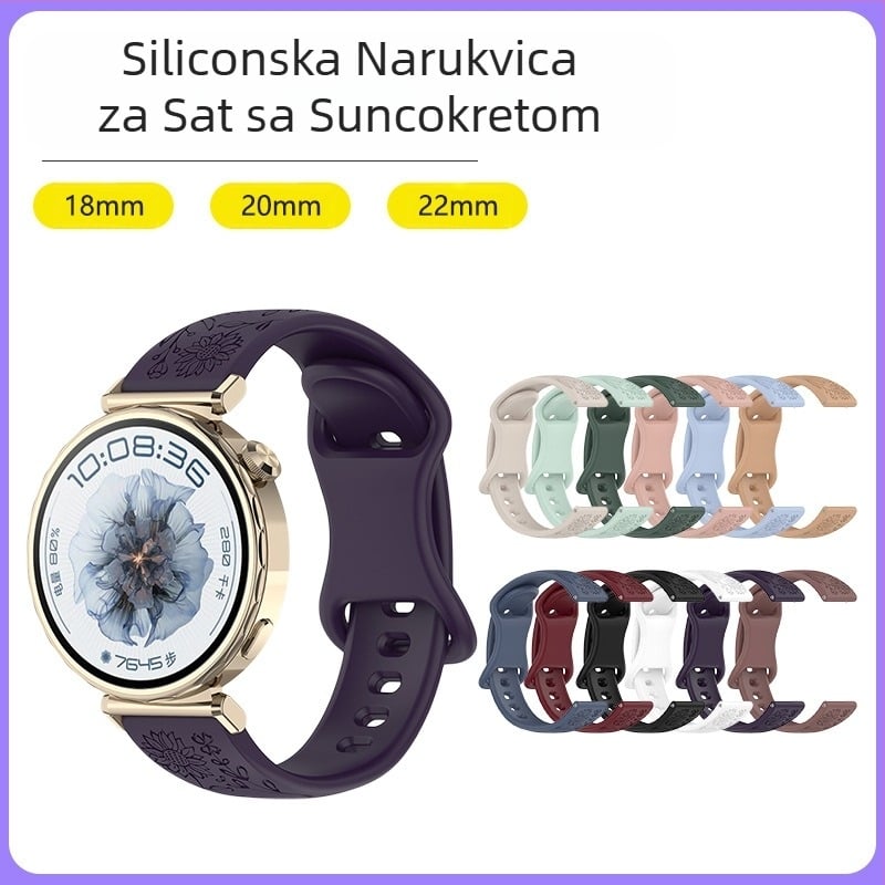 Pogodno za Huawei Gt5 sat 18/20/22 mm silikonski remen, modni sat s kopčom leptira i uzorkom suncokreta