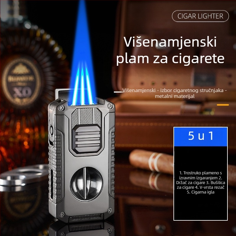 Kreativni upaljač za cigarete s pet u jednom i tri vrste plamena dolazi s prijenosnim višenamjenskim upaljačem za cigarete u obliku slova V