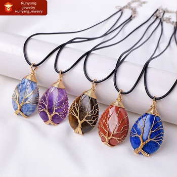 Prekogranični vrući prodajni prirodni kristal stabla života, kap vode, svileni privjesak, ručno tkana ogrlica s energetskim kamenom, veleprodaja nakita