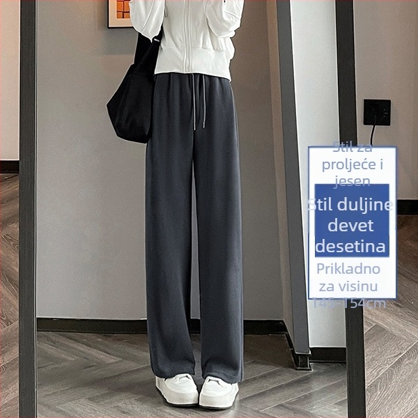 Sive uske ženske proljetne, jesenske i zimske trenirke visokog struka, ravne, drapirane, male ležerne sportske duge hlače