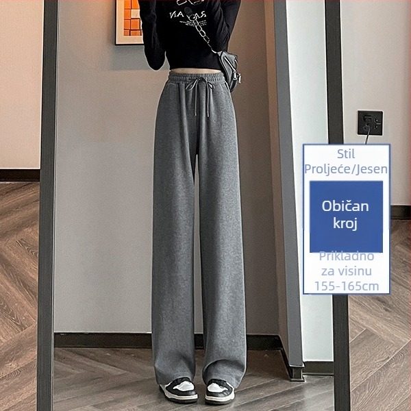 Sive uske ženske proljetne, jesenske i zimske trenirke visokog struka, ravne, drapirane, male ležerne sportske duge hlače