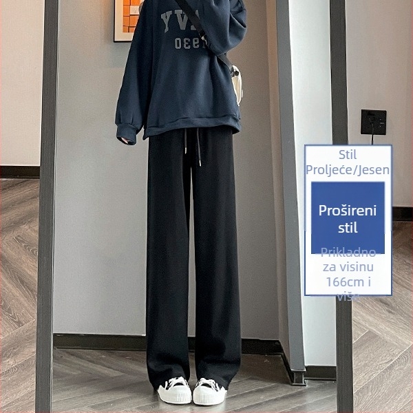 Sive uske ženske proljetne, jesenske i zimske trenirke visokog struka, ravne, drapirane, male ležerne sportske duge hlače