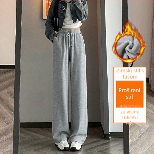 Sive uske ženske proljetne, jesenske i zimske trenirke visokog struka, ravne, drapirane, male ležerne sportske duge hlače