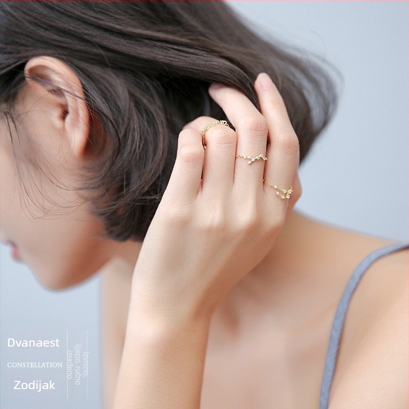Ženski srebrni prsten od 925 srebra u korejskom stilu, modni prsten s ugrađenim dijamantima i dvanaest zviježđa, elegantni prsten s laganim perlama za kažiprst, ženski J4963