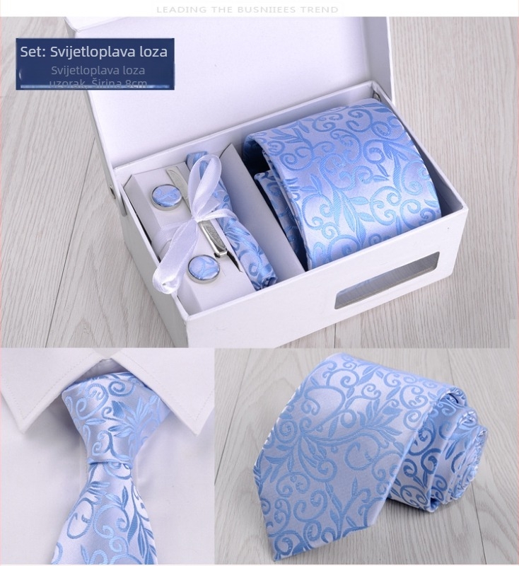 Tvornica prekograničnog muškog odijela od šest dijelova, poslovnog crnog 8 cm prugastog oblika s kravatom za ruku, poklon kutija za mladoženju i vjenčanje