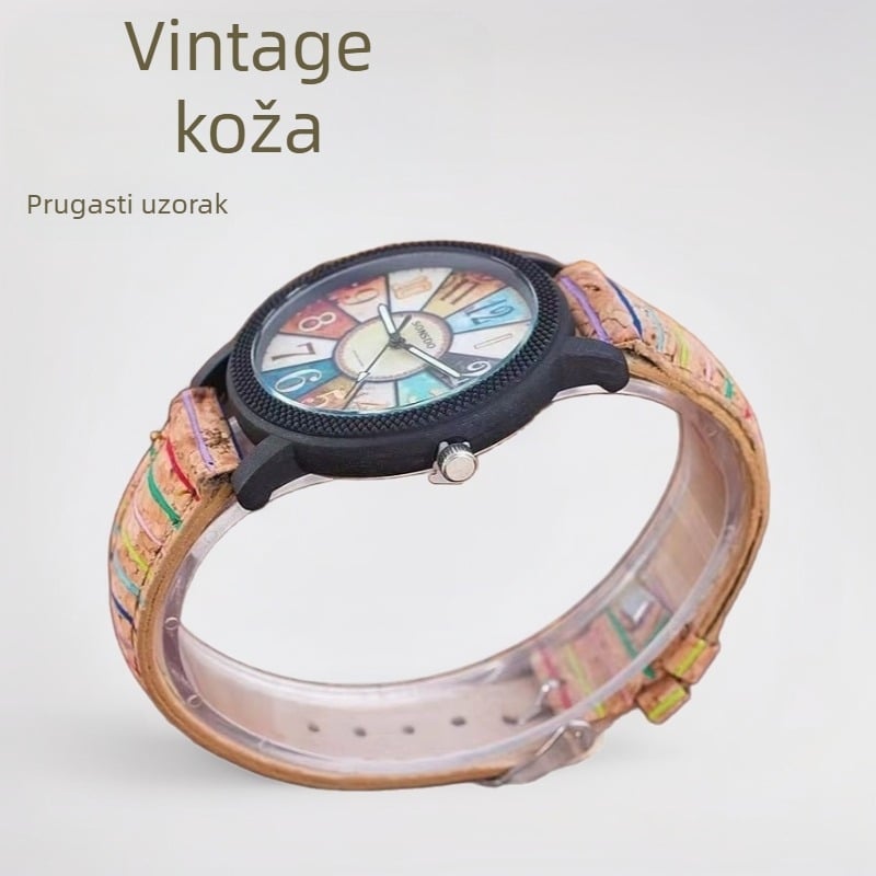 Ženski sat s gramofonom od drvenih zrna, retro prugasti kožni sat s korejskim uzorkom, studentski sat s remenom od drveta