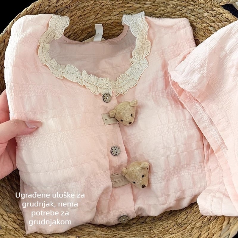 Pidžama s medvjedom u japanskom stilu za žene, ljeto 2025., s jastučićem za prsa, integrirani kratki rukavi, slatka i simpatična, prikladna za nošenje vani, set odjeće za dom