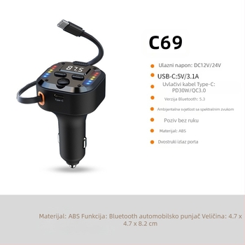 C69 Novi 30Wpd Brzi punjač dva u jednom Uvlačivi kabel za automobil Bluetooth player USB upaljač FM odašiljač
