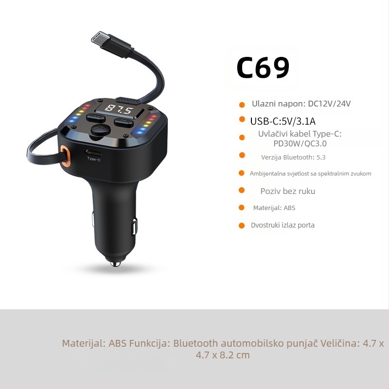 C69 Novi 30Wpd Brzi punjač dva u jednom Uvlačivi kabel za automobil Bluetooth player USB upaljač FM odašiljač