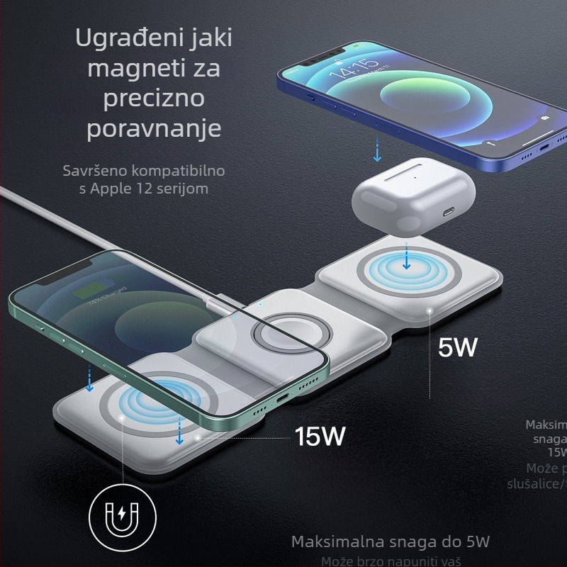 Novi sklopivi MagSafe magnetski bežični punjač tri u jednom za Apple 12-14 mobitel, slušalice i sat