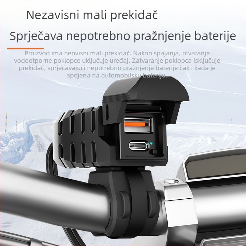 Punjač za mobitel za motocikle s mini prekidačem i svjetlom zaslona, Pd super brzo punjenje, vodootporan, pametni zaslon