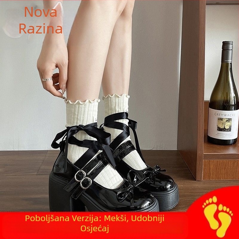 Proljetne cipele s visokom petom i leptir-mašnom za proljeće 2025., francusko-britanske, male kožne cipele Mary Jane s debelim potplatom za žene