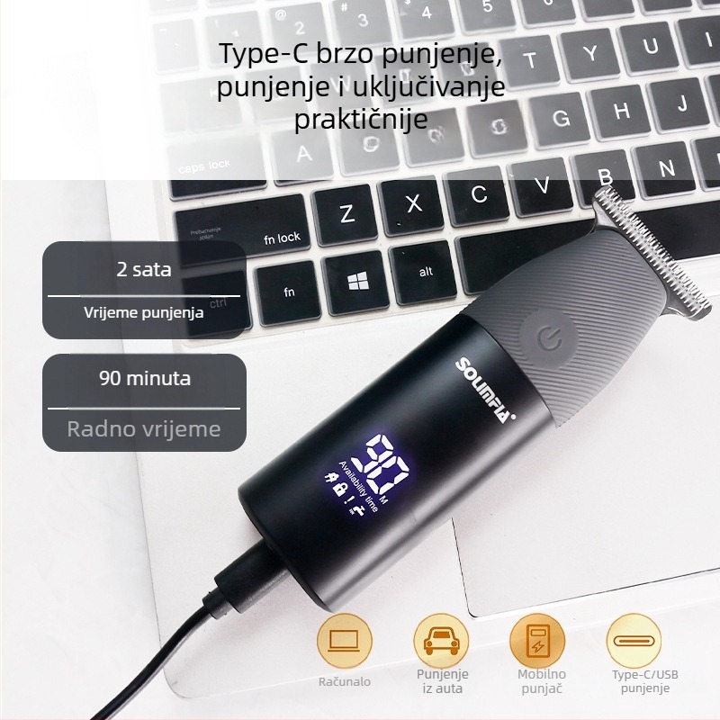 Prijenosni mini električni šišač za kosu, LCD digitalni zaslon, uljna glava, škare za rezbarenje, mokro i suho brijanje, uljna glava, škare na veliko