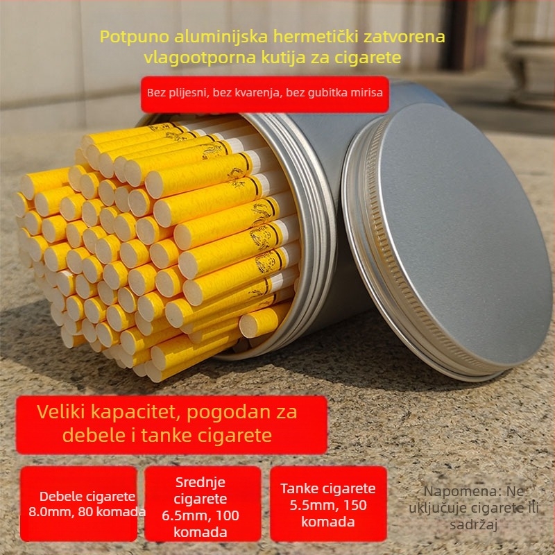 Kutija za cigarete velikog kapaciteta, 80 komada, okrugla cijev, zatvorena, otporna na vlagu, aluminijska kutija za cigarete, gruba i fina cigareta, univerzalni cilindar za cigarete