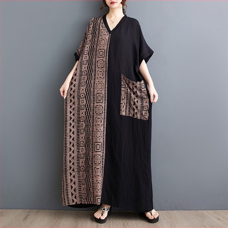 Ljetna haljina plus size s V-izrezom, vanjska trgovina, haljina u boji s blokovima plus size, široka duga suknja u retro blagdanskom stilu