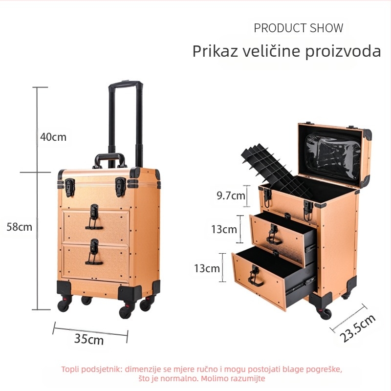 Profesionalna kutija za kozmetiku s povlačnom šipkom, kutija za nokte, kozmetički salon, kutija za alat, nova višeslojna ladica velikog kapaciteta, lagana luksuzna