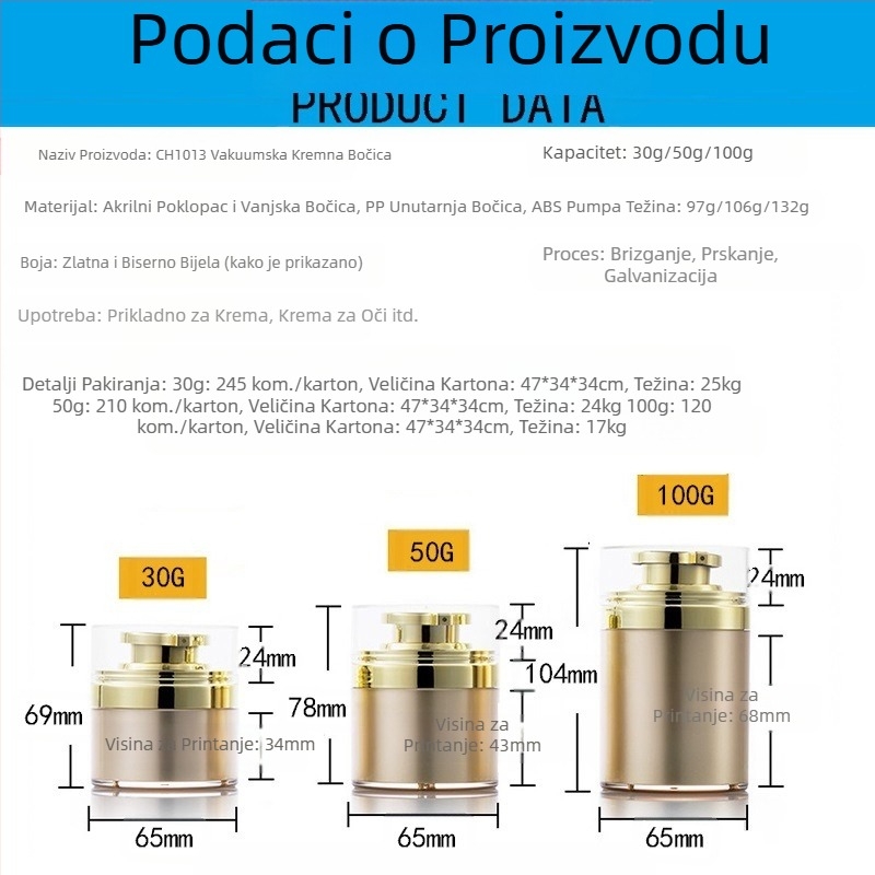 Spot 30G zlatna vakuumska boca za kremu 50G biserno bijela boca za prešanje 100G akrilna boca za kremu