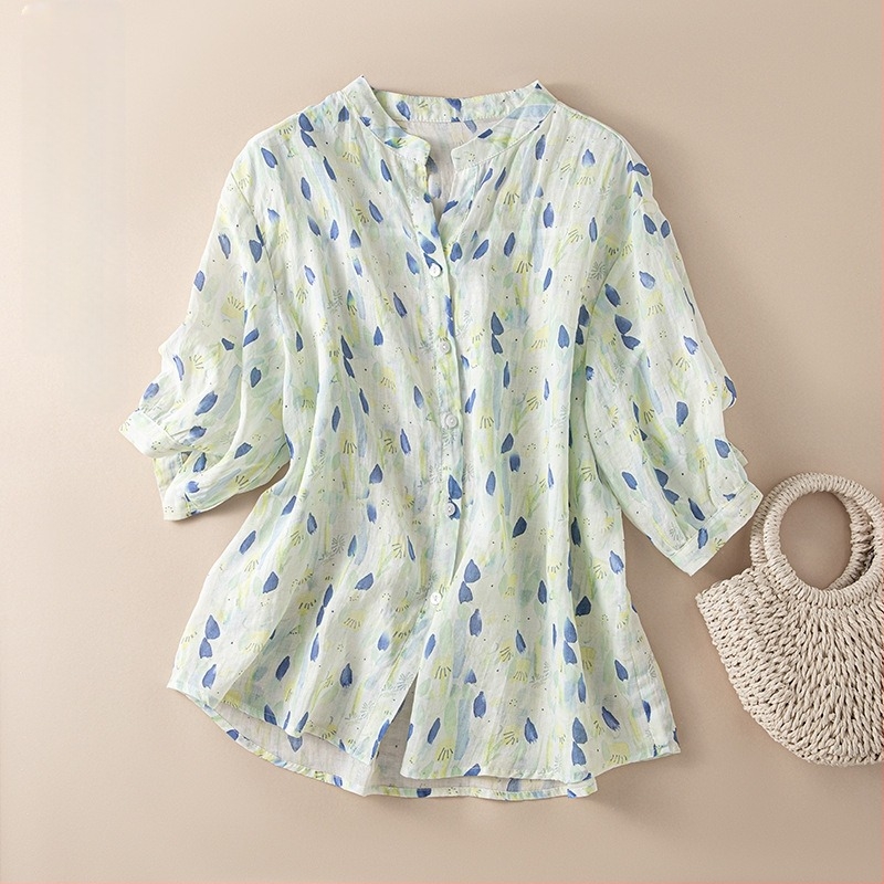 Ženska majica za lutke, nova široka, ljetna 2024., s V-izrezom, cvjetnim uzorkom i srednjim rukavima, uzorkom ramije