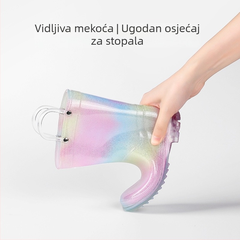 Dječje kišne cipele Ins Foreign Trade Djevojačke kišne čizme Princeza visoke kvalitete Dugine prozirne srednje cijevi neklizajuće vodene cipele za veliku djecu