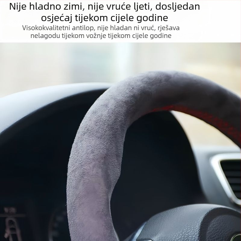 Navlaka za volan automobila, ručno šivana brušena koža, univerzalna plišana navlaka za ručku za četiri godišnja doba, neklizajuća navlaka za ručku koja upija znoj