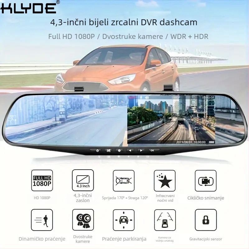Snimač vožnje u retrovizor s prednjim i stražnjim dvostrukim snimanjem 1080P, sa slikom za vožnju unatrag, DVR za automobil s noćnim vidom visoke razlučivosti
