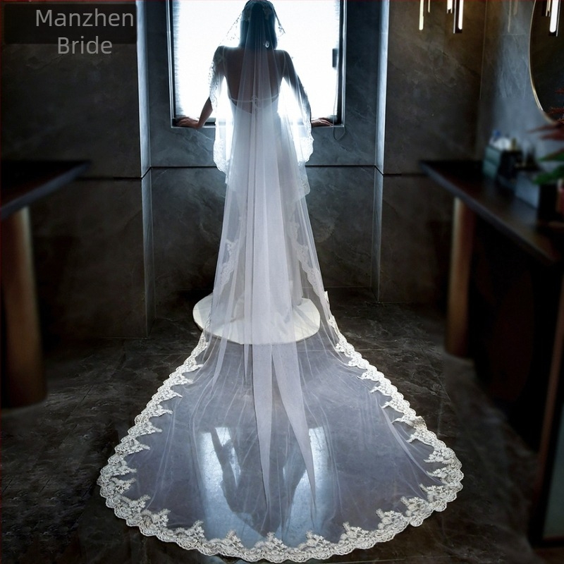 Manzhen bijeli veo za vjenčanje s čipkom, bez/s češljem za kosu, napredni veo u foto studiju M49