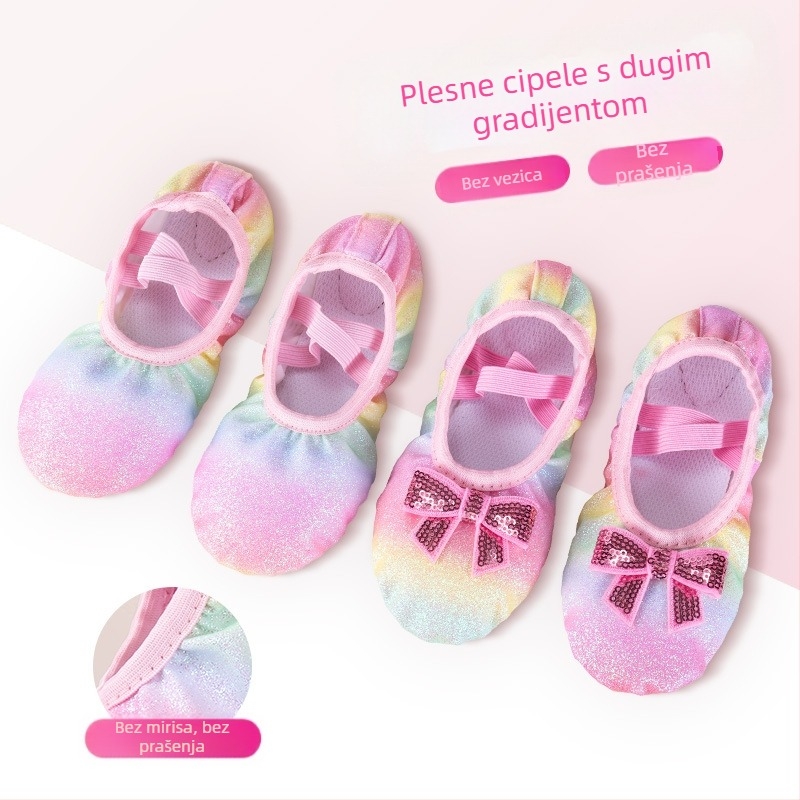 Dječje plesne cipele za djevojčice, baletne cipele s mekim potplatom, dječje kineske plesne cipele s šljokicama i duginim gradijentom, s mačjom kandžom