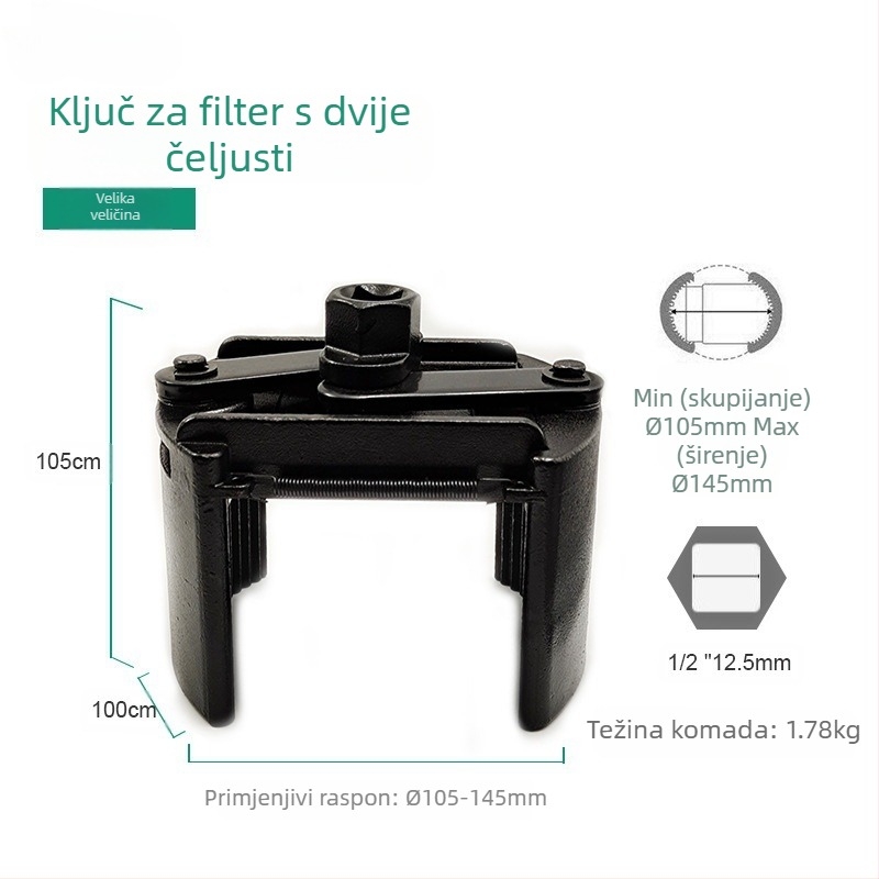 Proizvođači isporučuju ključ za filter stroja s dvije čeljusti, njemački ključ u obliku slova U, ključ za filter ulja