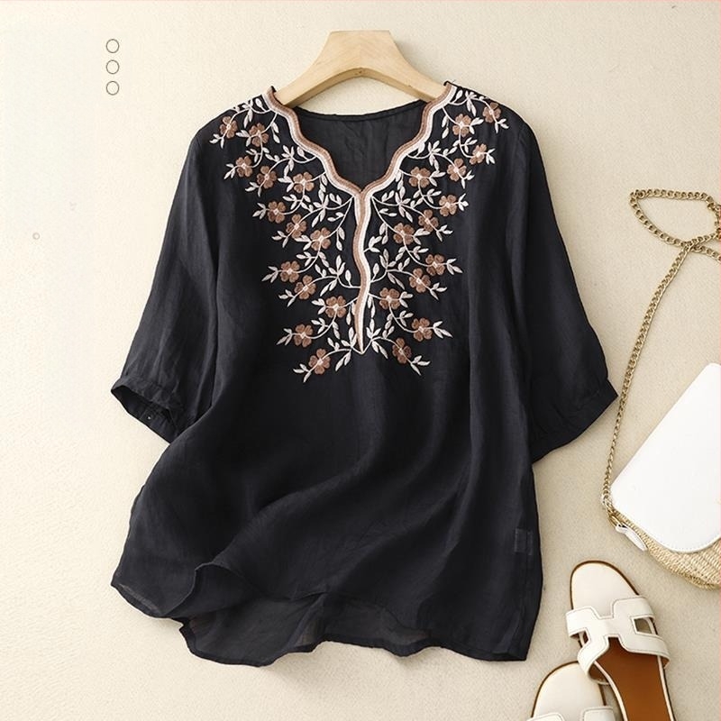 Ženski ljetni top od pamuka i lana s vezom, širokim dizajnom, sense niche pamučna i lanena košulja, mala košulja 2023. Novo