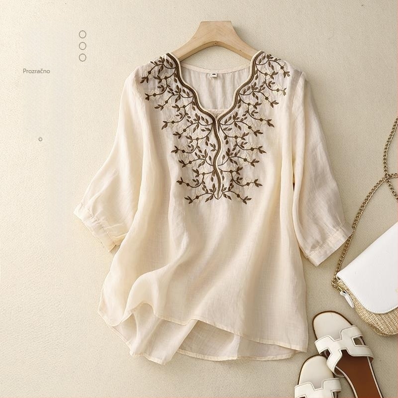 Ženski ljetni top od pamuka i lana s vezom, širokim dizajnom, sense niche pamučna i lanena košulja, mala košulja 2023. Novo