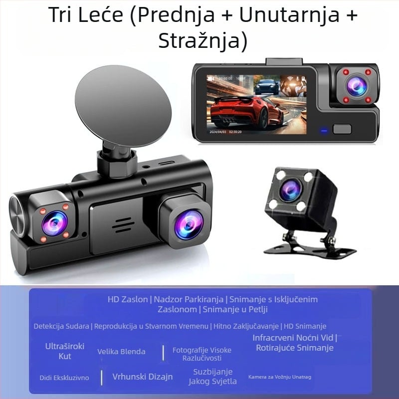 Trosmjerna kamera za snimanje vožnje 1080P s tri objektiva i slikom za vožnju unatrag, snimač automobila, tvornica međusobnog povezivanja mobilnih telefona