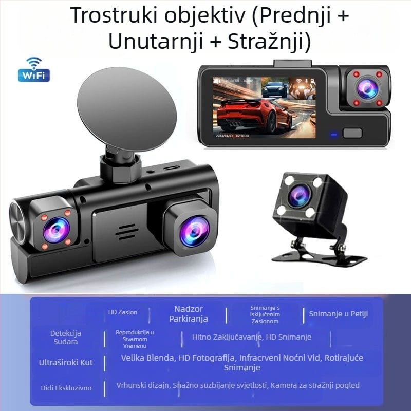 Trosmjerna kamera za snimanje vožnje 1080P s tri objektiva i slikom za vožnju unatrag, snimač automobila, tvornica međusobnog povezivanja mobilnih telefona