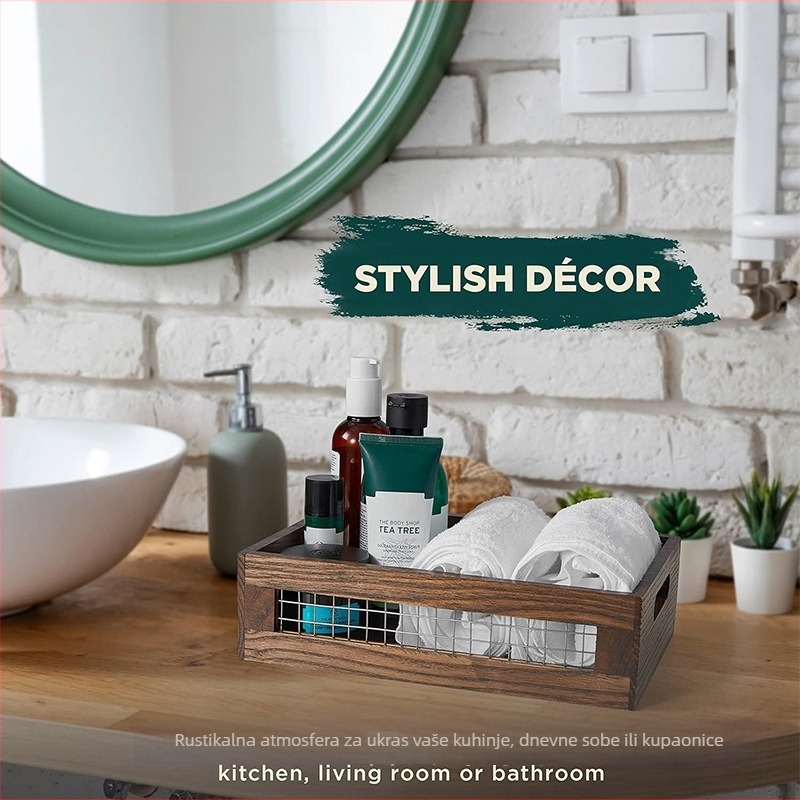 Košara za pohranu u dnevnoj sobi, željezna mrežasta šuplja drvena kutija za pohranu, kutija za šivanje u kućanstvu, kutija za povrće od začina za kuhinju