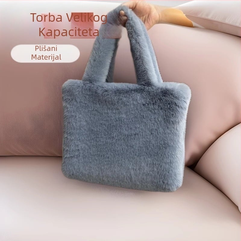 Prekogranična veleprodaja plišane torbe velikog kapaciteta za žene u jesen i zimu, krznena prijenosna torba preko ramena, jednostavna i svestrana