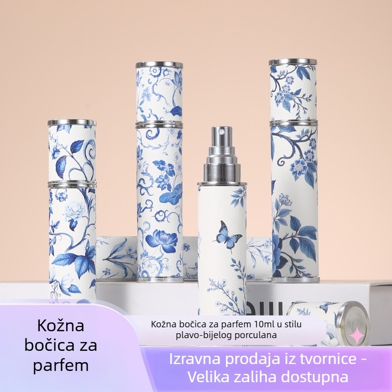 Na zalihi 10 ml janjeća koža kineski stil plavo-bijela porculanska kožna staklena bočica za parfem s printom, vrhunska prijenosna putna bočica s raspršivačem