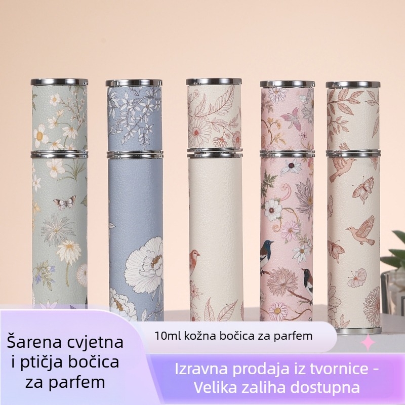 Točkasta bočica parfema od janjeće kože s rimom od 10 ml, šarenim cvijećem i pticama, s tiskom na kožnu staklenu bočicu parfema, elegantna prijenosna putna bočica s raspršivačem