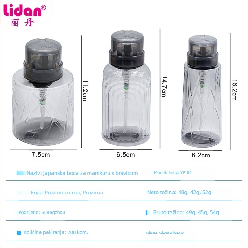 Japanska boca za prešu za nokte visoke propusnosti, boca s tekućim alkoholom od 200 ml, prozirna boca za prešu za nokte s bravom, prazna boca