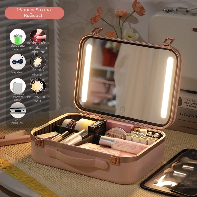 Torba za šminku s lampom i ogledalom LED lampa Profesionalna prijenosna putna kutija za pohranu kozmetike velikog kapaciteta Vizažistica