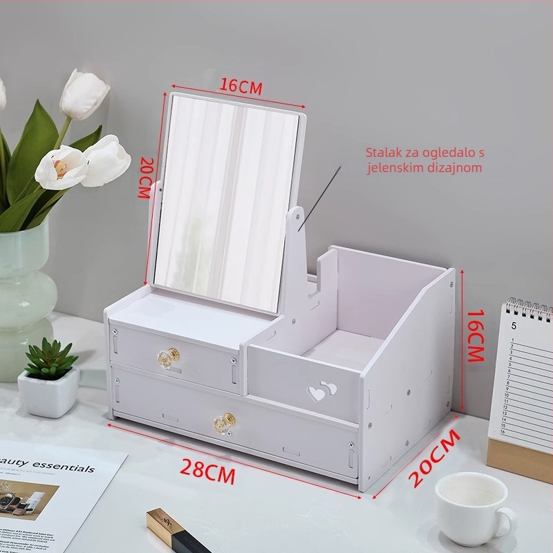 Kutija za pohranu kozmetike, prašinootporna, velikog kapaciteta, stolna ladica, kutija za šminku, stalak za pohranu proizvoda za njegu kože s ogledalom