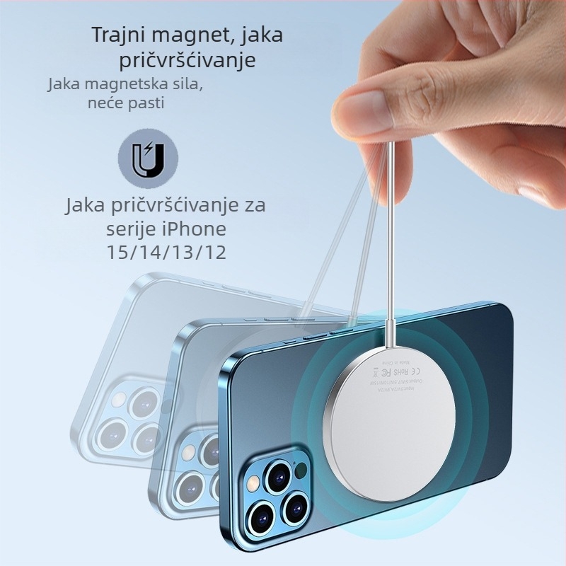 Bežični punjač za prekogranični rad s magnetskim usisavanjem, Magsafe 15W, brzo punjenje, pogodno za mobilne telefone i satove s kućištem od aluminijske legure, bežično punjenje