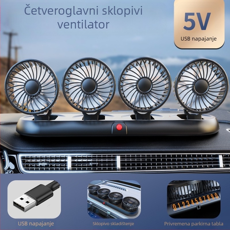 Novi automobilski ventilator s četiri glave, električni ventilator za automobil s rotirajućim sklopivim motorom od 360 stupnjeva, snažan rashladni mini kamion, mali ventilator