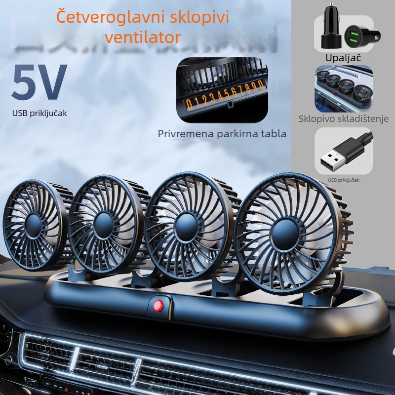 Novi automobilski ventilator s četiri glave, električni ventilator za automobil s rotirajućim sklopivim motorom od 360 stupnjeva, snažan rashladni mini kamion, mali ventilator