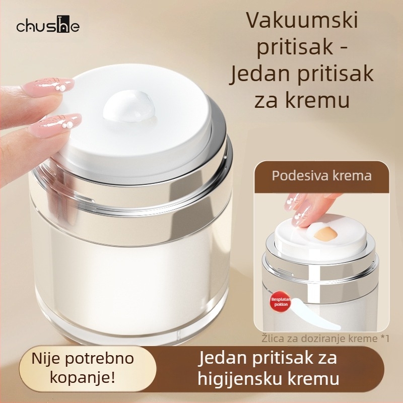 Vakuumska krema u boci za putnu kozmetičku podlogu, uzorak losiona u preši, prazna boca, prijenosna kutija za kremu, staklenka