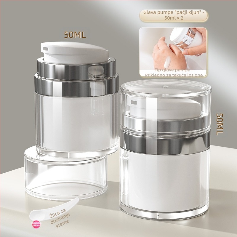 Vakuumska krema u boci za putnu kozmetičku podlogu, uzorak losiona u preši, prazna boca, prijenosna kutija za kremu, staklenka