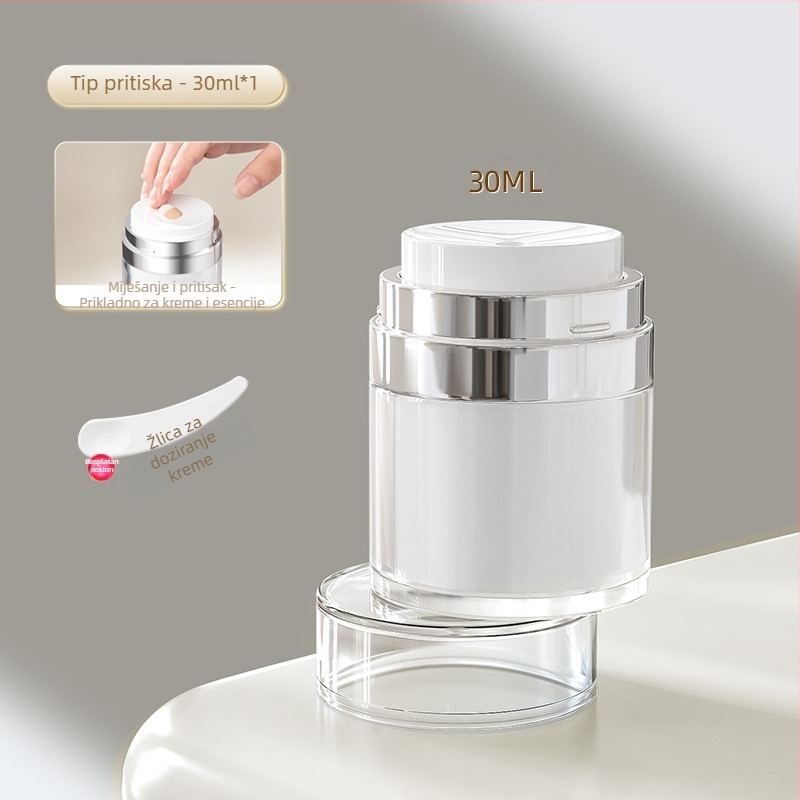 Vakuumska krema u boci za putnu kozmetičku podlogu, uzorak losiona u preši, prazna boca, prijenosna kutija za kremu, staklenka